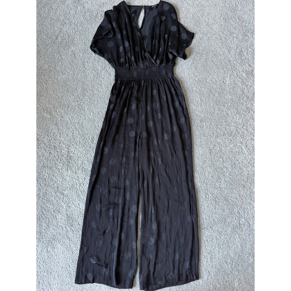 Madewell Black Polka Dot Jacquard Wide Leg Jumpsuit Smocked Waist XS